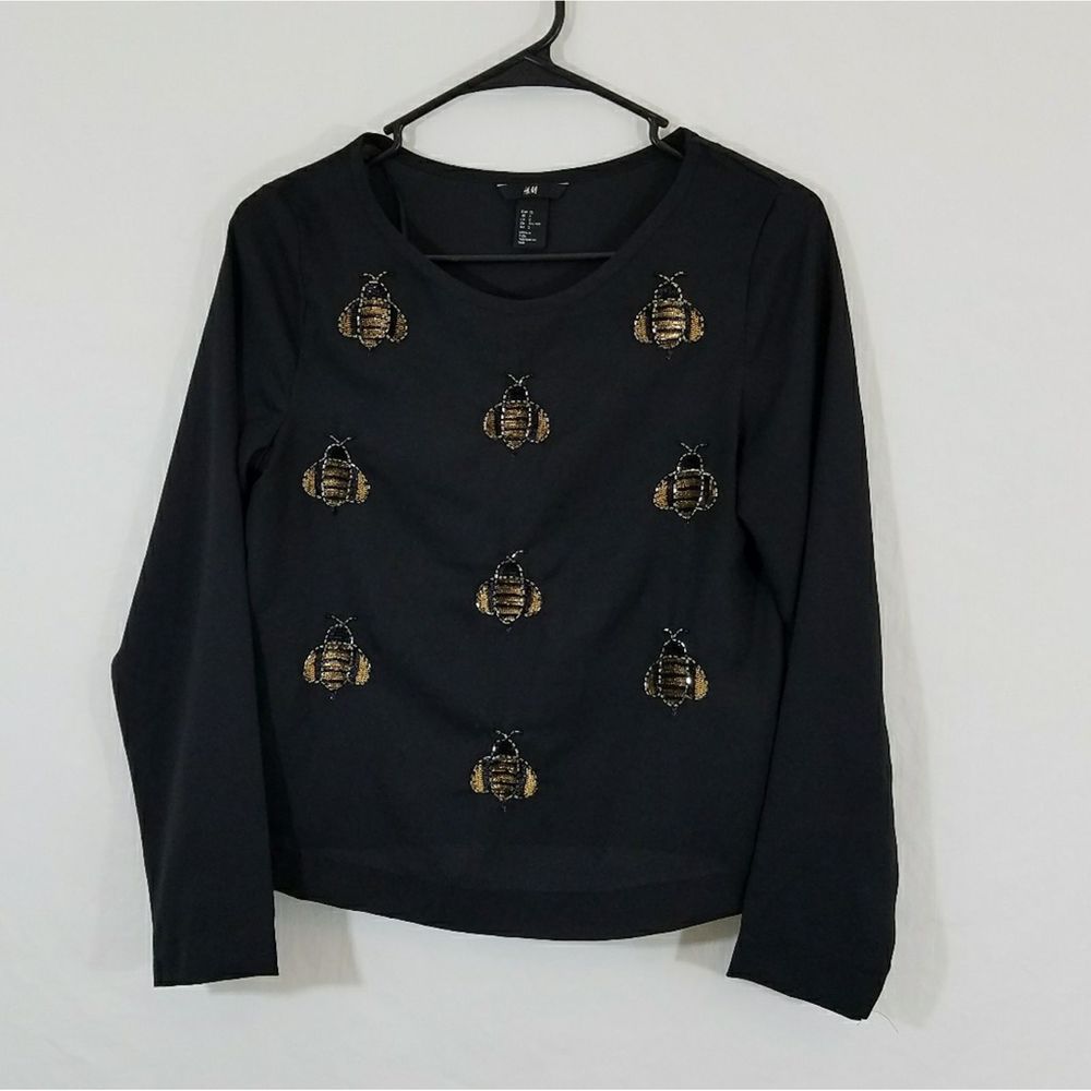 H&M Sequins Bumble Bee Long Sleeve Shirt Black
